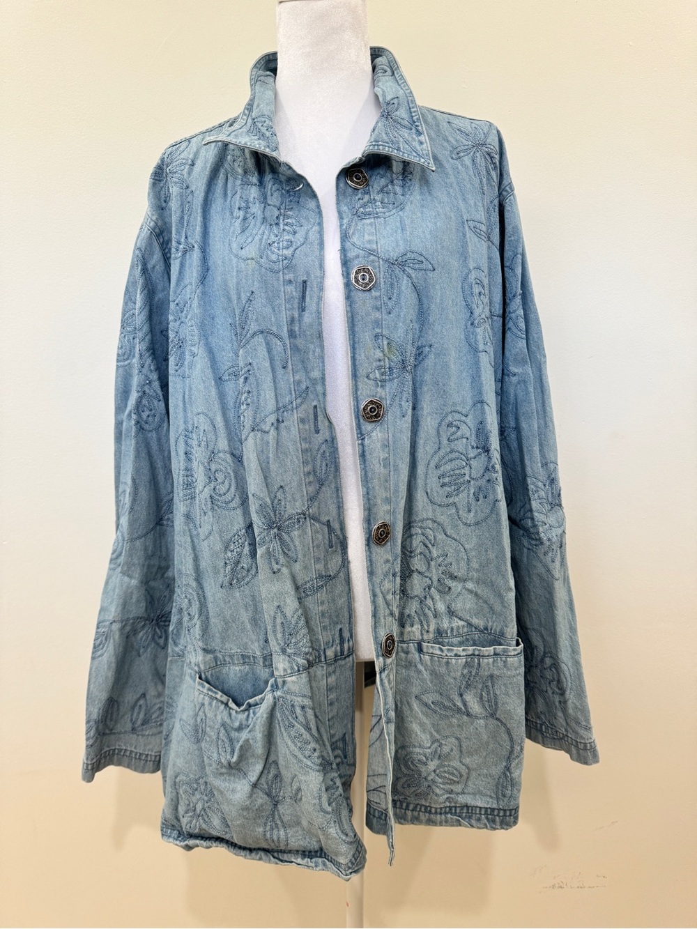 Vintage Light Blue Floral Denim Barn Jacket - Women